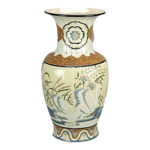 Oversized Antique Satsuma Style Engraved Pottery Swan Vase, Circa 1920