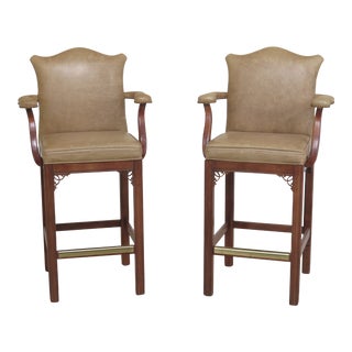 1990s Vintage Century Leather Bar Stool High Chairs- A Pair For Sale