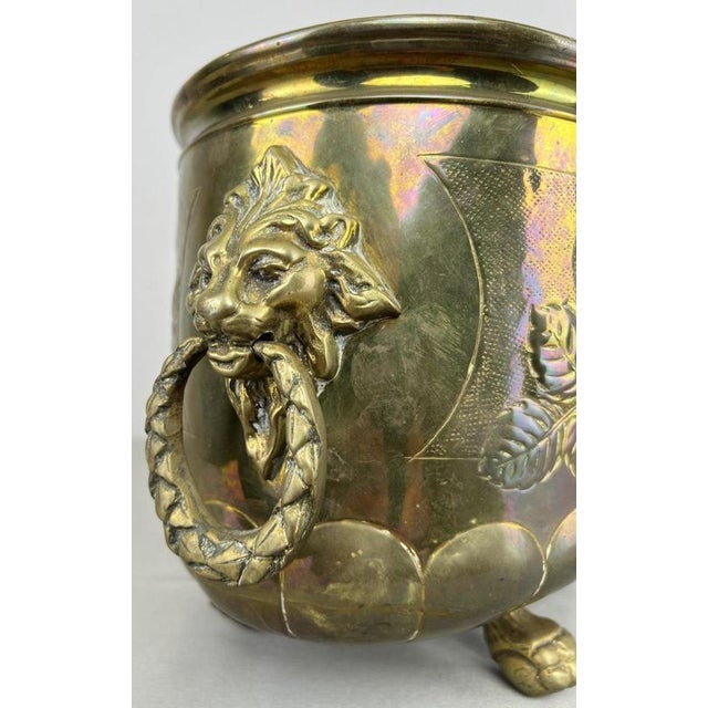 Vintage Brass Footed Planter with Floral Lion Handles For Sale - Image 9 of 18