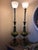 Hollywood Regency Vintage Rembrandt Lamp Company Hollywood Regency / Mid-Century Tall Buffet Lamps in Olive Green and Antiqued Brass With Frosted Glass Shades - a Pair For Sale - Image 3 of 4