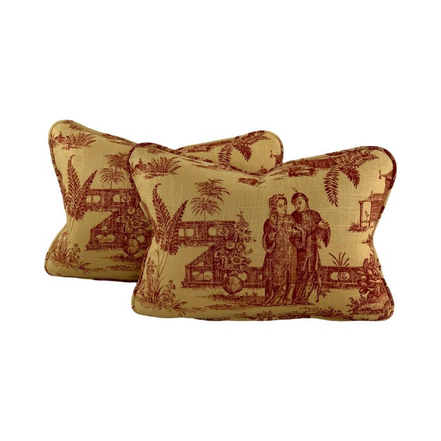 Designer Covington 5th Ave Designs Gold Red "Les Chinois" Asian Chinoiserie Oriental French Country Toile Pillow Covers- 22" Pair For Sale - Image 4 of 5