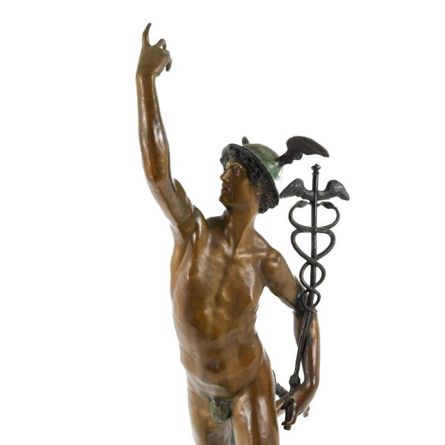 Metal Bronze Flying Mercury Sculpture After Giambologna on Black Marble Base For Sale - Image 7 of 9