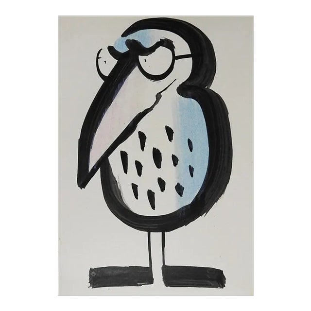 Vintage Mid 20th Century Pen and Ink Bossy Bird Illustration Drawing For Sale