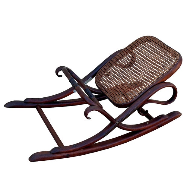 1900 - 1909 Antique Vienna Secession Bent Oak & Caine Rocking Foot Stool W/ Braces Attributed to Thonet No.7001 For Sale - Image 5 of 7