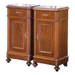 Pair of 19th Century French Louis Philippe Walnut Marble-Top Bedside Cabinets For Sale