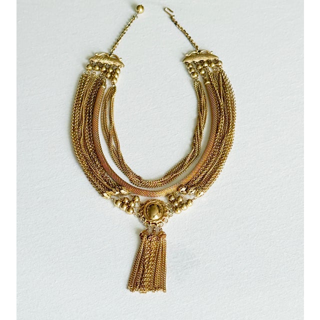Vintage 1970s Gold Tone Multi-Strand Tassel Bib Necklace, Etruscan Revival Style For Sale - Image 14 of 16
