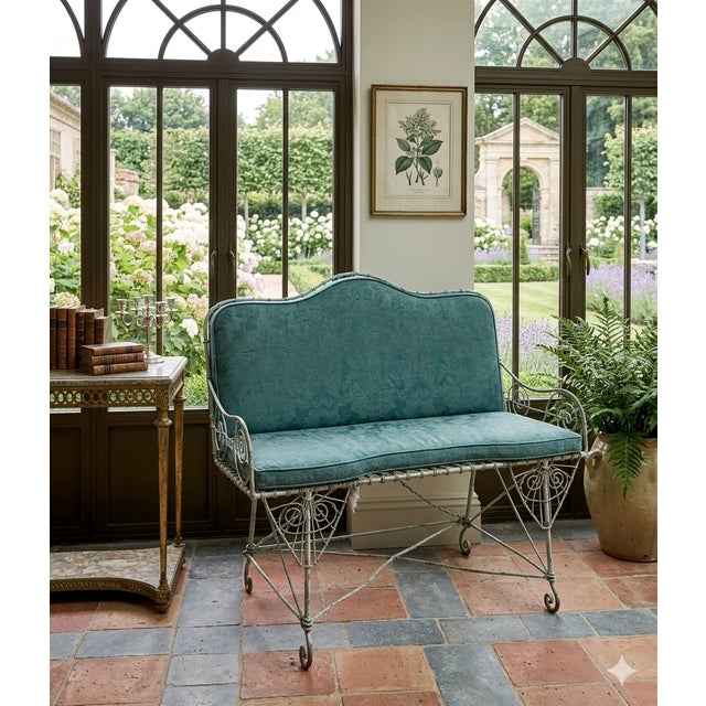Metal Vintage Wrought Iron Garden Loveseat – Mint Green Patina, Victorian Style For Sale - Image 7 of 7