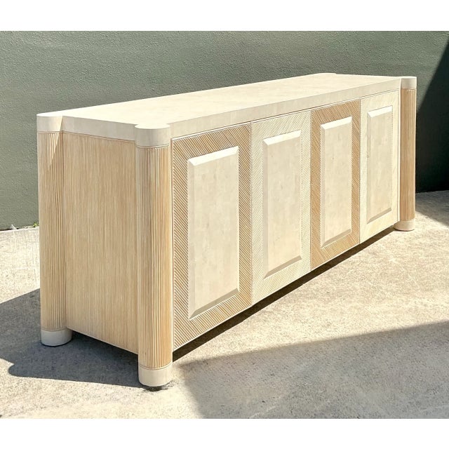 Vintage Washed Pencil Reed Credenza With Travertine Top For Sale - Image 10 of 12