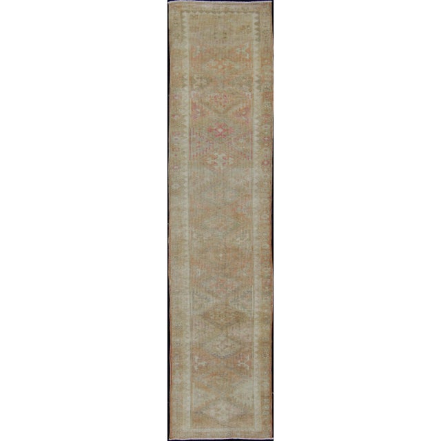 Vintage Turkish Oushak Runner in Faded Peach, Soft Taupe, and Pale Blue For Sale - Image 13 of 13