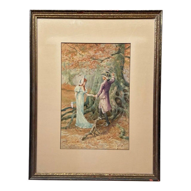 Antique Ernest Linzell 'victorian Courting Scene Hearts Carved in Tree' Painting For Sale