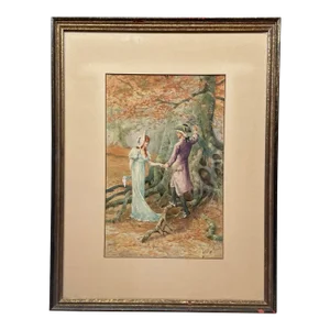 Antique Ernest Linzell 'victorian Courting Scene Hearts Carved in Tree' Painting