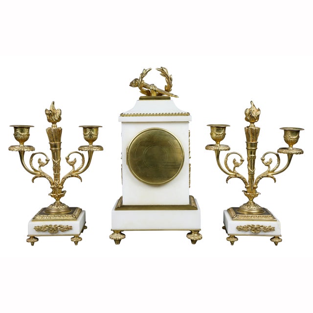 Louis XVI Style Marble and Bronze Clock Garniture - 3 Piece Set For Sale - Image 10 of 12