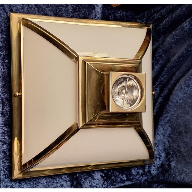 1980s Vintage Ceiling Lamp with Brass Frame and Opaque White Glass Panes, 1980s For Sale - Image 5 of 9