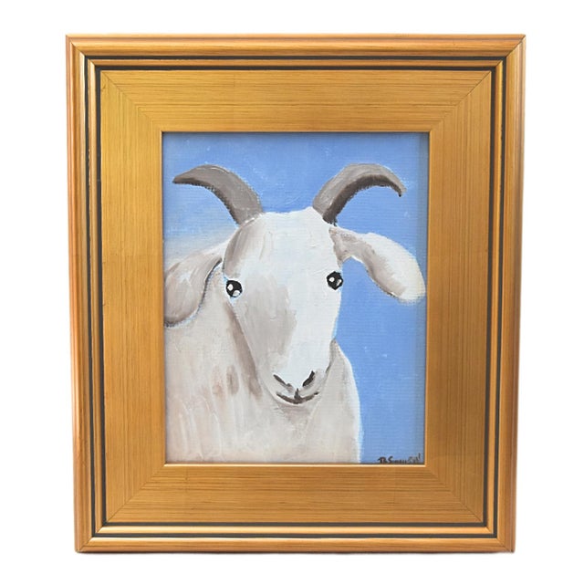 2020s Folk Art Billy Goat Portrait Painting Including the Antiqued Gold Wood Frame For Sale - Image 5 of 5