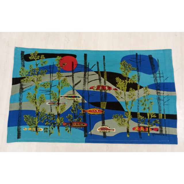 This extraordinary vintage tapestry, measuring 183 x 104 cm (72" ​​x 41"), is a signed work by French artist René Fumeron,...