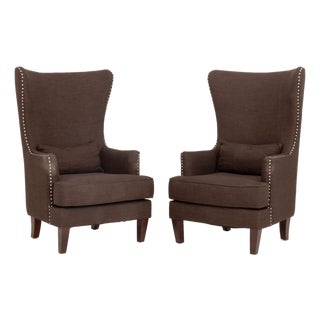 Pair of Picket House "Kegan" Chocolate Synthetic Upholstered Armchairs For Sale