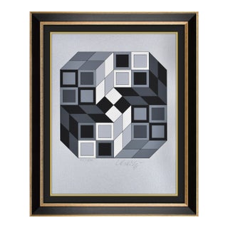 1980 Composition Silver Geometric Abstract Gray Silkscreen Victor Vasarely For Sale