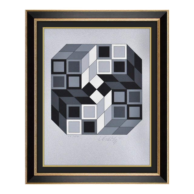 1980 Composition Silver Geometric Abstract Gray Silkscreen Victor Vasarely For Sale
