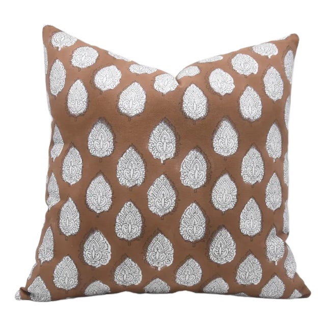 Fabdivin Block Print Cushion Cover 14x20 Inch Thick Cotton White-Betal Leaf For Sale