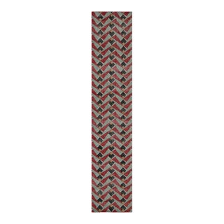 Rug & Kilim’s Distressed Runner in Red and Blue Geometric Patterns For Sale