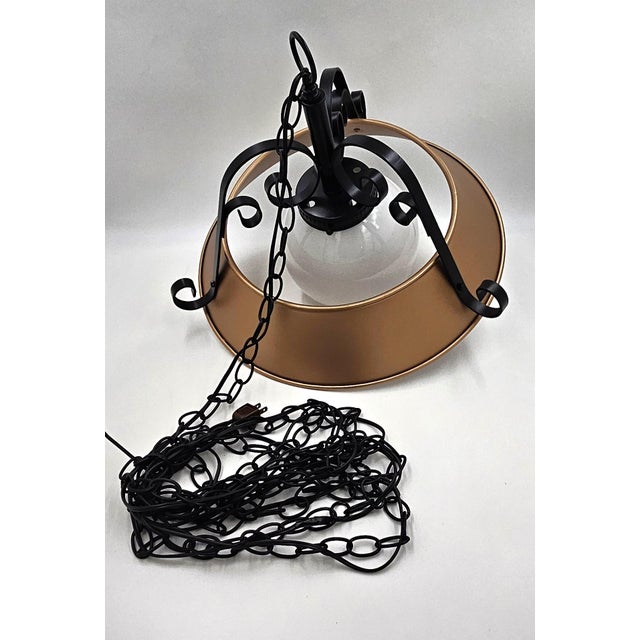 Wrought Iron + Enameled Steel & Glass Globe Swag Pendant, 1960's For Sale - Image 9 of 10