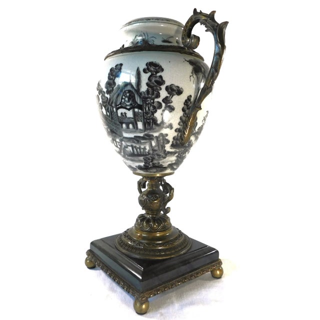 Mid Century Black & White Porcelain Bronze & Marble Pedestal Urn Vase For Sale In West Palm - Image 6 of 12