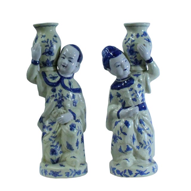 Cream Oriental Ceramic Cream Yellow Blue Couple Holding Jar Figures - a Pair For Sale - Image 8 of 8