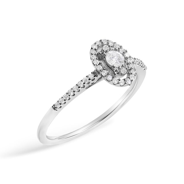 Contemporary 14K White Gold 1/5 Cttw Diamond Oval Shape With Halo Engagement Ring (H-I Color, I1-I2 Clarity) - Size 8.5 For Sale - Image 3 of 6