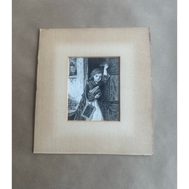 A beautifully detailed vintage etching depicting a young schoolgirl pausing at a doorway, books in hand, with a subtle...