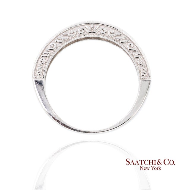 Early 21st Century 14k (585) White Gold Natural Diamond Engraved Band Ring, Size 6 For Sale - Image 5 of 9