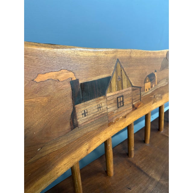 1970s Outsider Artist Country Solid Slab Bench With Marquetry Barn Scene For Sale - Image 10 of 11