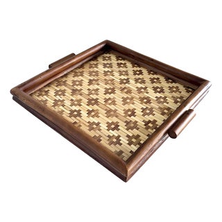 Vintage Square Diamond Weave Bamboo Tray For Sale