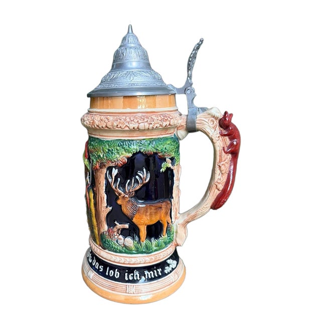 Large 2l German Stein With Hunter, Stag, and Squirrel Handle For Sale