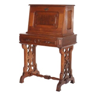 Antique Walnut, Birds Eye Maple & Burl Lady’s Drop Front Desk C1890 For Sale