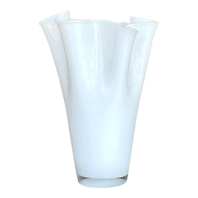 Vintage Pleated White Glass Vase For Sale