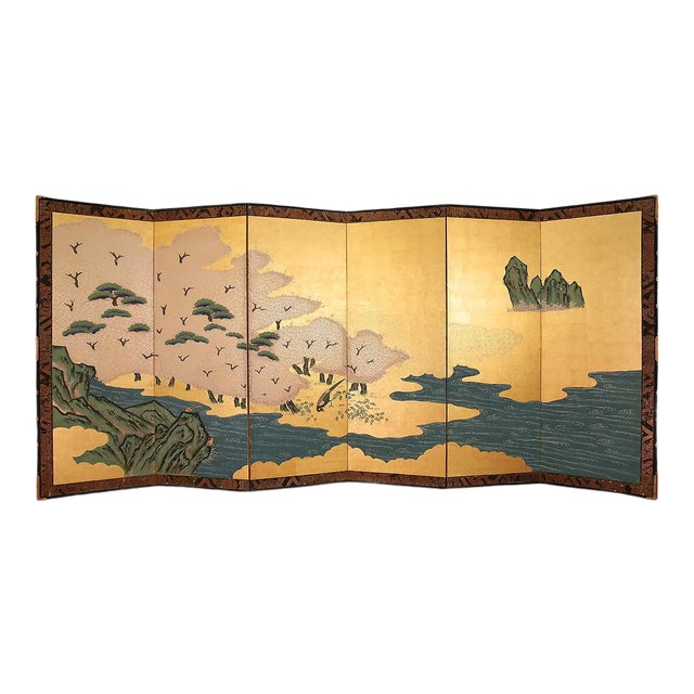 An excellent extra large Japanese Six-Panel Byobu (screen) depicting a lovely landscape with blossoming cherry trees,...
