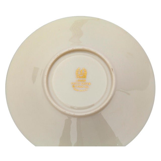 Lenox "Castle Garden" footed cups & saucers in pristine condition in pastel shades of pinks, blues & lilac with a gold rim.