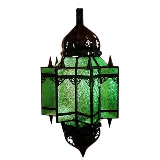 Moroccan Makki Style Green Glass Lantern For Sale