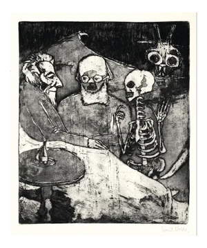 Patient, Doctor, Death and Devil - Etching and Aquatint by E. Nolde, 1911 1911