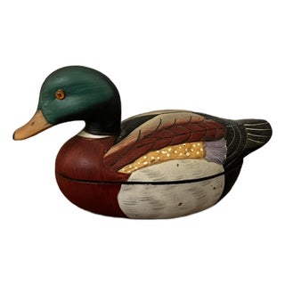 Vintage Ceramic Hand Painted Mallard Duck Trinket Box For Sale