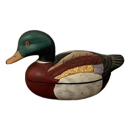 Vintage Ceramic Hand Painted Mallard Duck Trinket Box For Sale