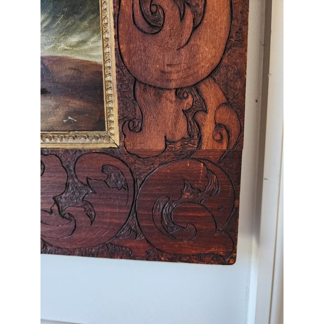 19th Century Dramatic Seascape Painting in Antique Arts & Crafts Pyrography Frame For Sale - Image 9 of 18