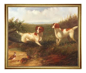"Setters on Quail" Contemporary Reproduction Print on Canvas, Framed 27-1/2" X 33-1/2"