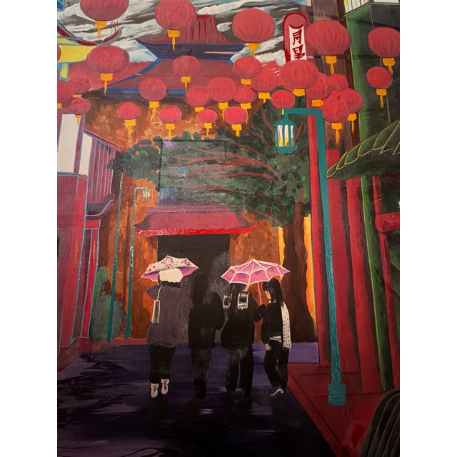 Contemporary Late 20th Century Lantern-Lit Los Angeles Chinatown Street Scene, Original Acrylic on Canvas For Sale - Image 3 of 8