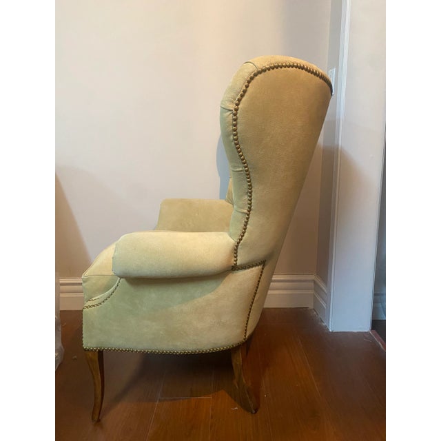 Khaki Tufted Wingback Chair in Italian Suede With French Nailheads For Sale - Image 8 of 11