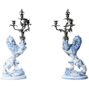 19th Century Galle Faience Lion Candleholder With Silver Candelabra - a Pair