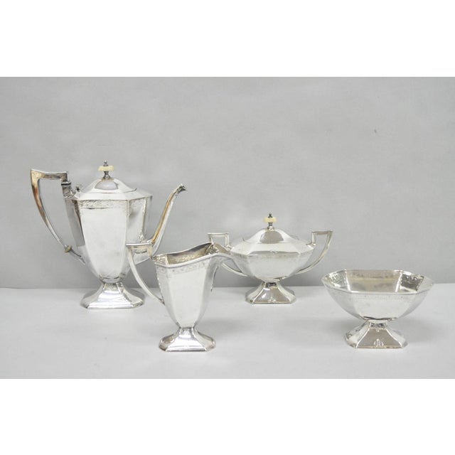 Antique English Art Deco Silver Plated Tea Service Set by BSCEP 5329 - 4 Pcs. Set includes (1) Teapot, (1) Covered sugar...