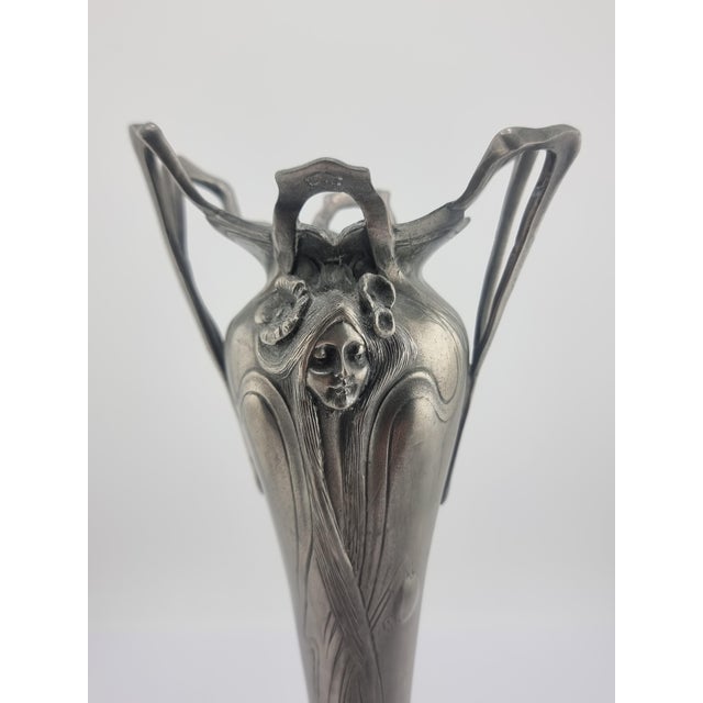 Antique Pewter Art Nouveau Vase Tin Woman Flowers For Sale - Image 6 of 16
