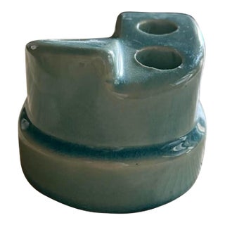 Sculptural Turquoise Crackle Glaze Ceramic Taper Candle Holder For Sale