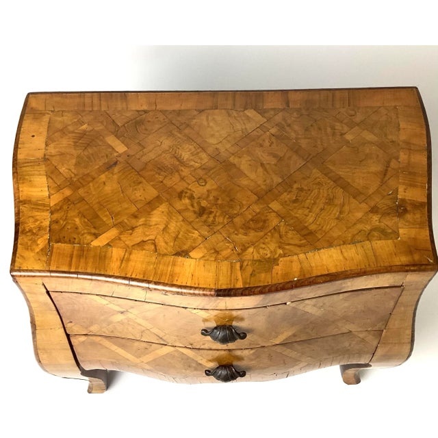 1940s Italian Parquetry Two Drawer Mini Commode With Shell Form Handles For Sale - Image 4 of 11